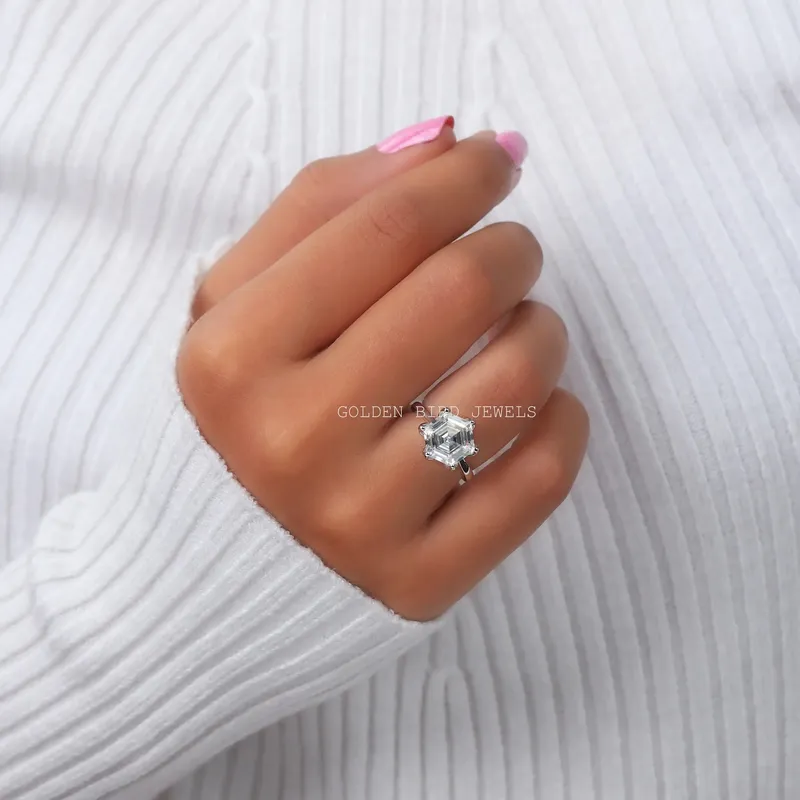 Hexagon Cut Solitaire Moissanite Ring vy 3