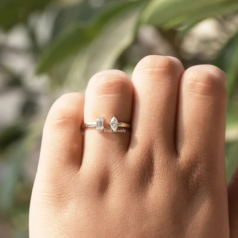 Marquise And Emerald Moissanite Two Stone Open Ring vy 3
