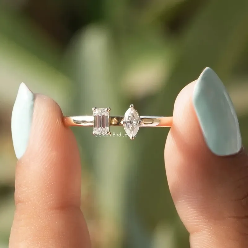 Marquise And Emerald Moissanite Two Stone Open Ring emerald emerald cut engagement ring