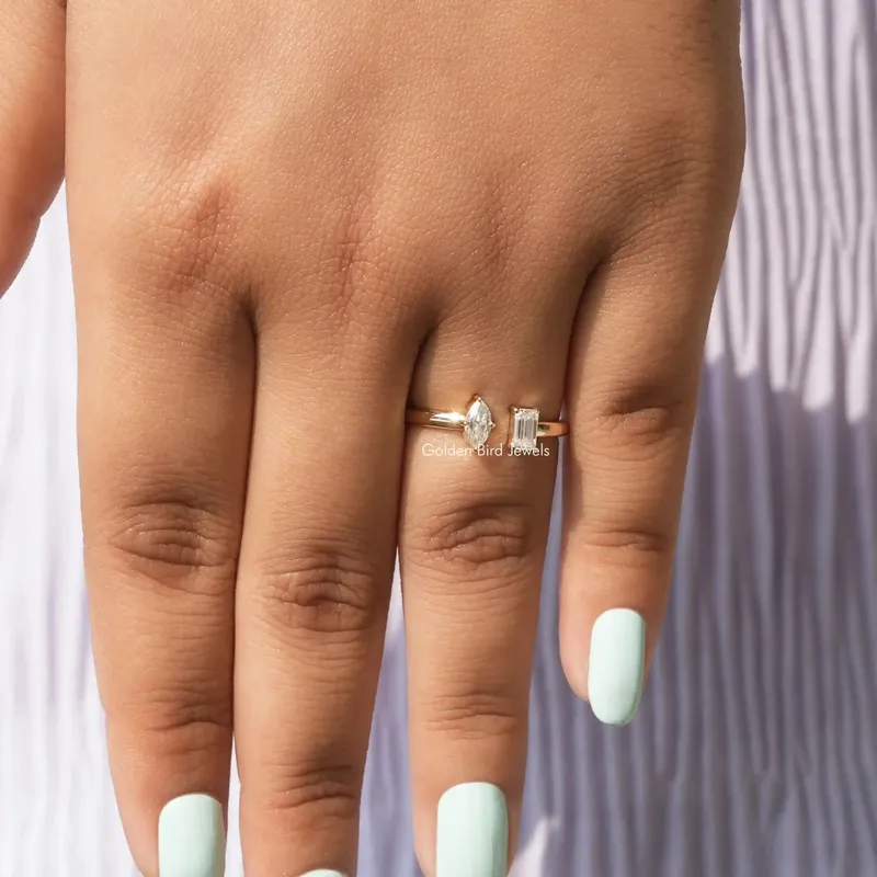 Marquise And Emerald Moissanite Two Stone Open Ring vy 5