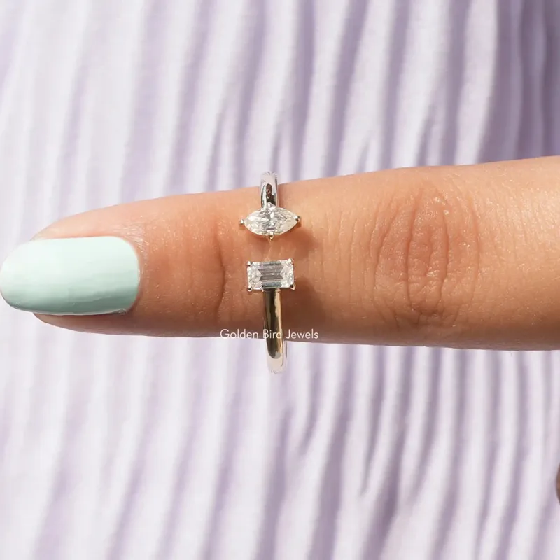 Marquise And Emerald Moissanite Two Stone Open Ring vy 8