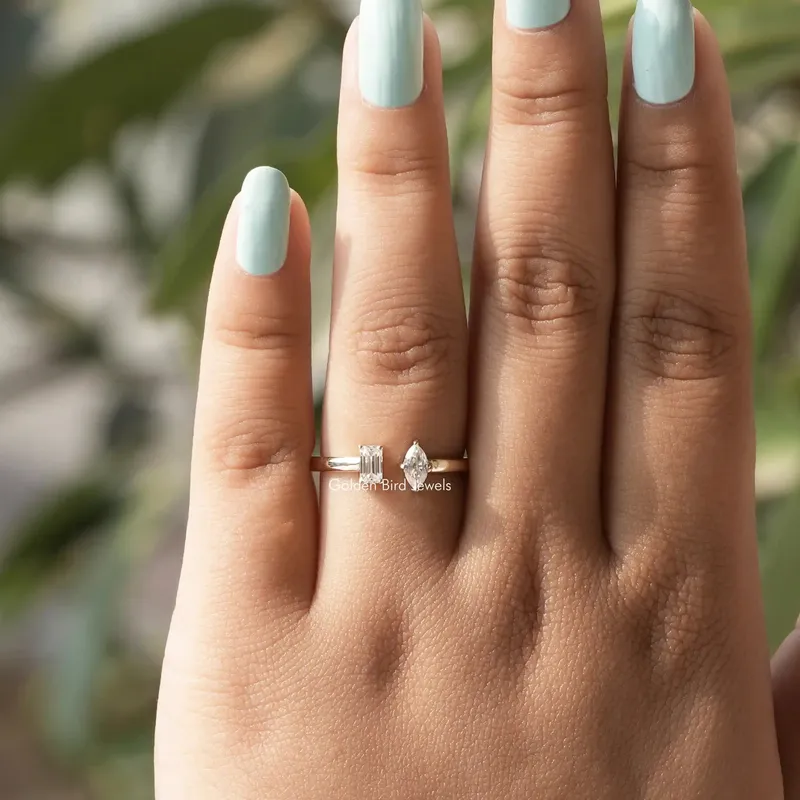 Marquise And Emerald Moissanite Two Stone Open Ring vy 4