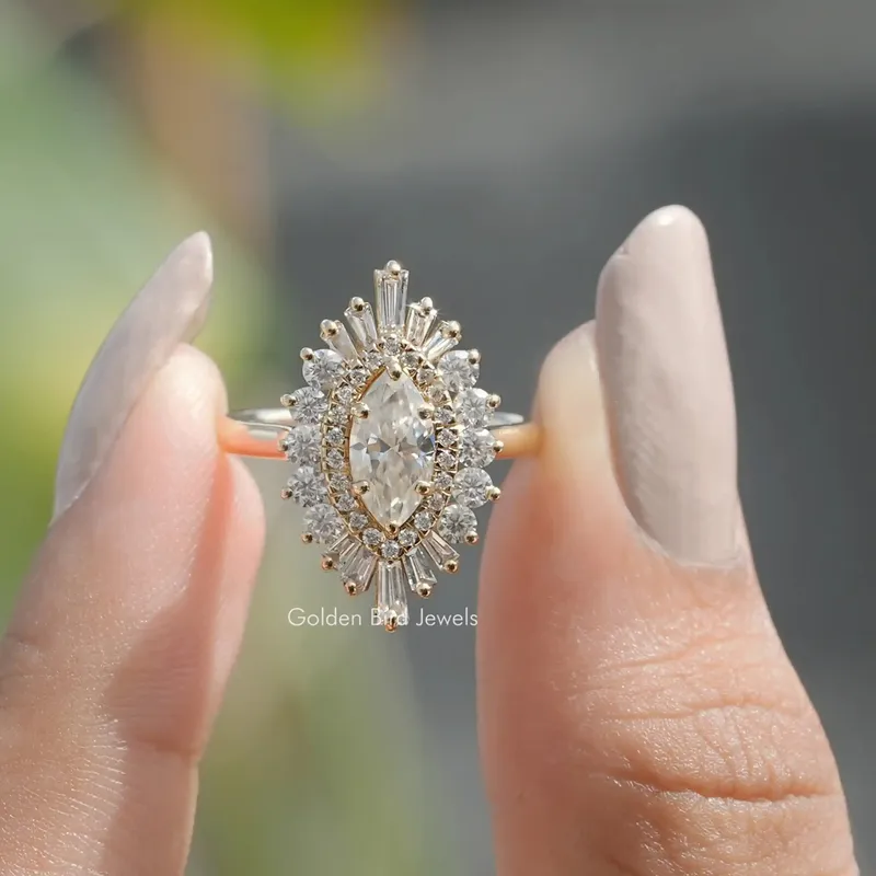Marquise Cut Cluster Halo Moissanite Engagement Ring round cut engagement ring
