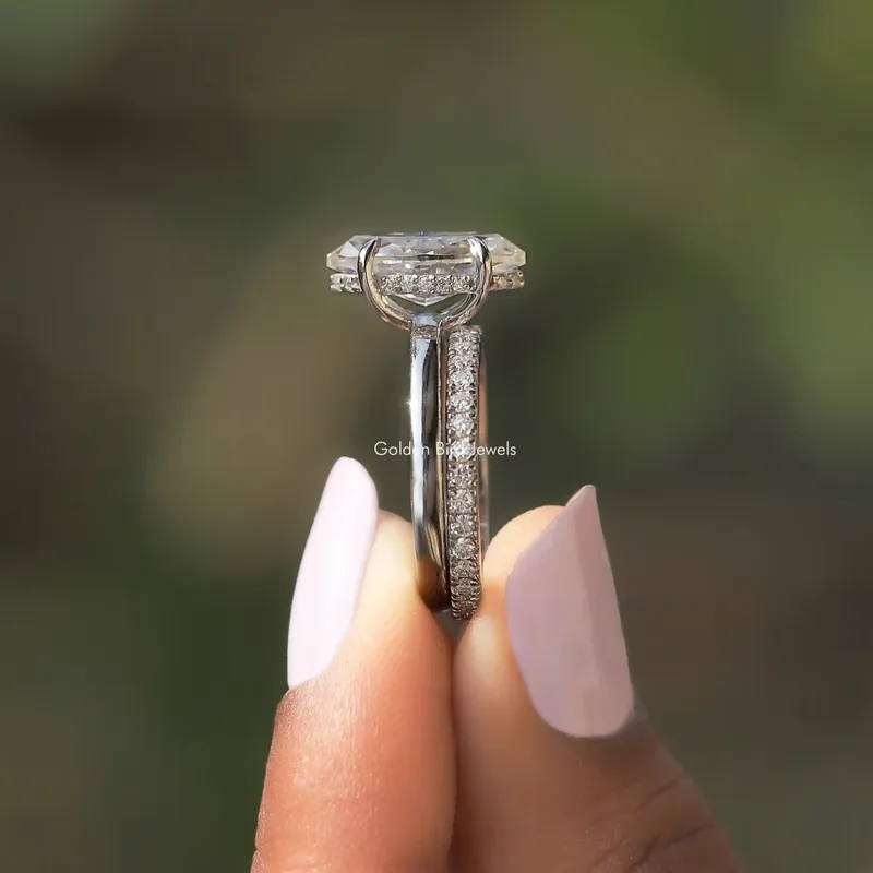 Marquise Cut Moissanite Hidden Halo Engagement Ring Set view 2