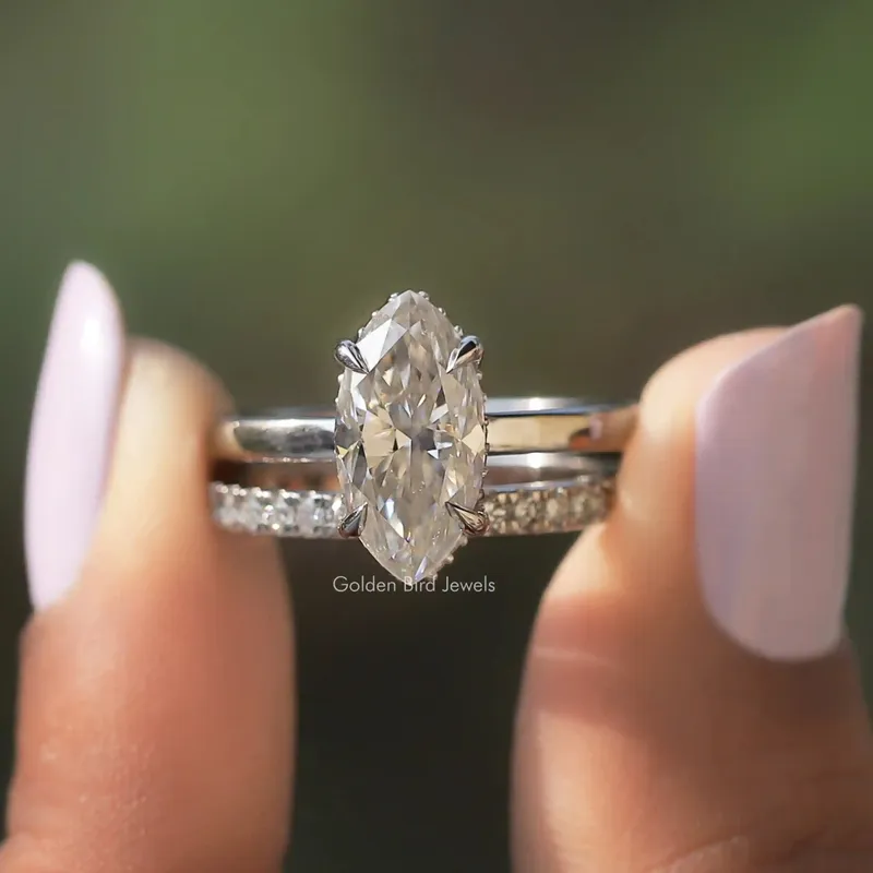 Marquise Cut Moissanite Hidden Halo Engagement Ring Set engagement ring