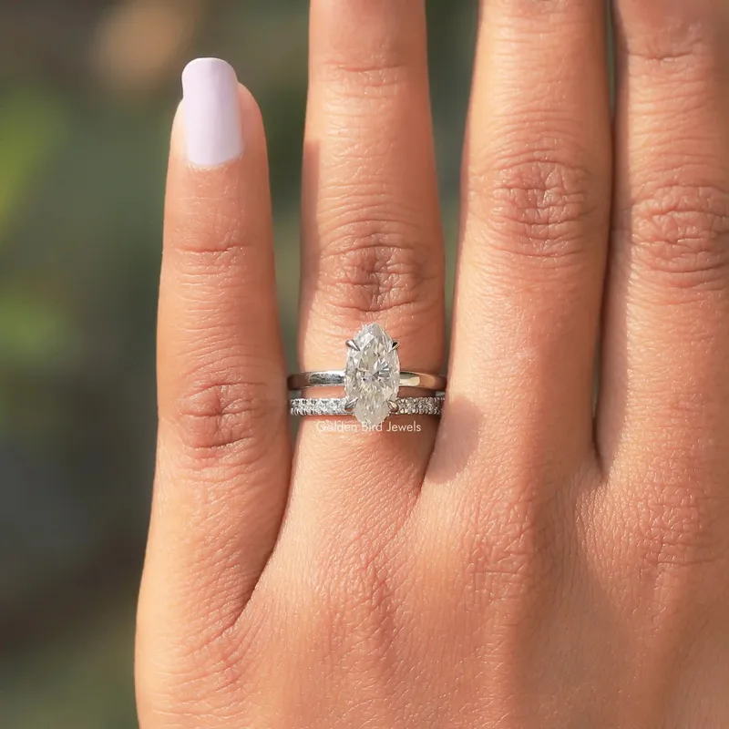 Marquise Cut Moissanite Hidden Halo Engagement Ring Set view 4