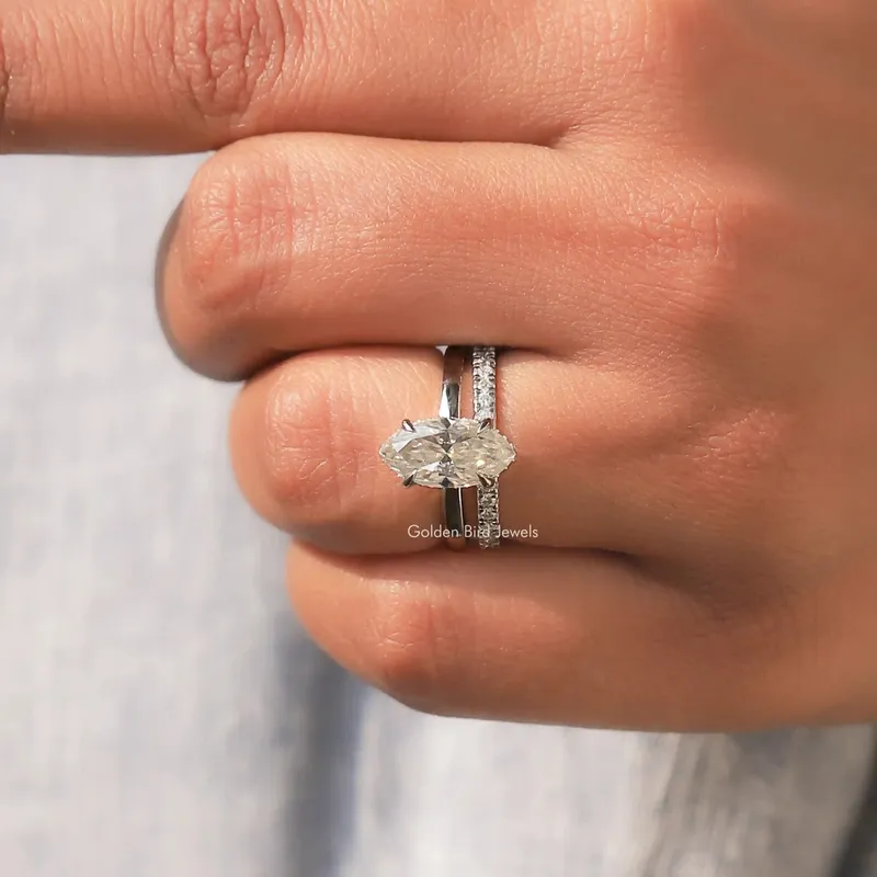 Marquise Cut Moissanite Hidden Halo Engagement Ring Set view 6