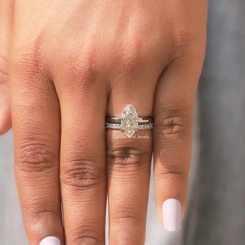 Marquise Cut Moissanite Hidden Halo Engagement Ring Set view 8