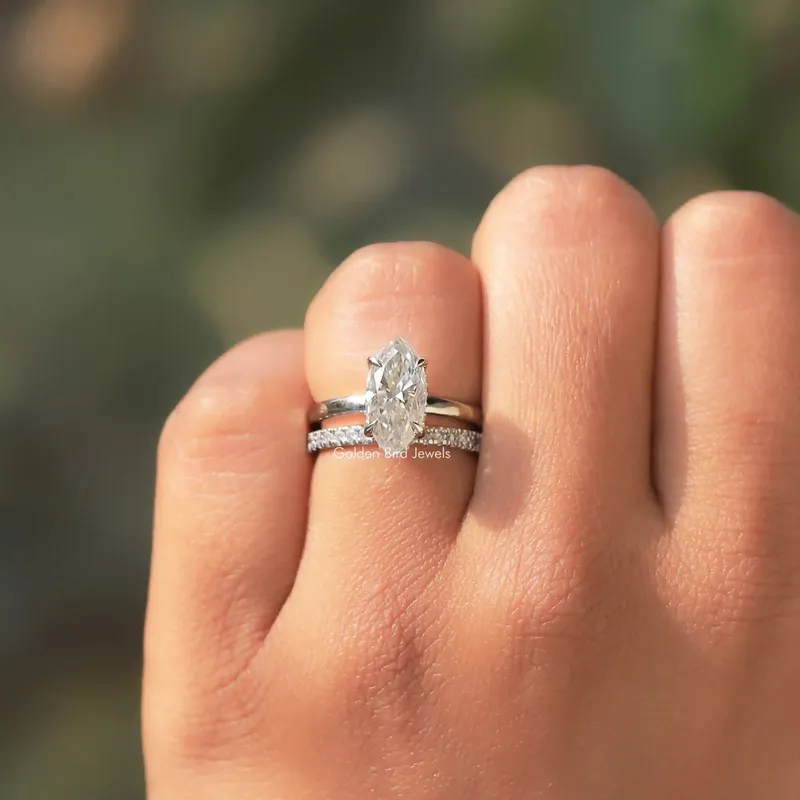 Marquise Cut Moissanite Hidden Halo Engagement Ring Set view 5