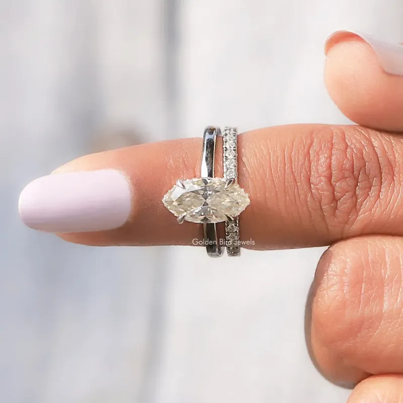 Marquise Cut Moissanite Hidden Halo Engagement Ring Set view 7