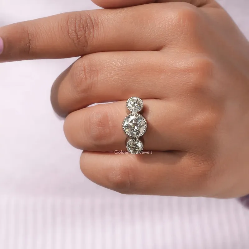 Milgrain Bezel Set Three Stone Round Moissanite Ring vy 7