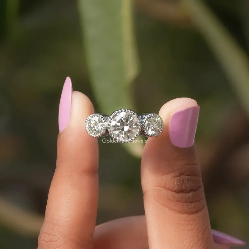 Milgrain Bezel Set Three Stone Round Moissanite Ring round cut engagement ring