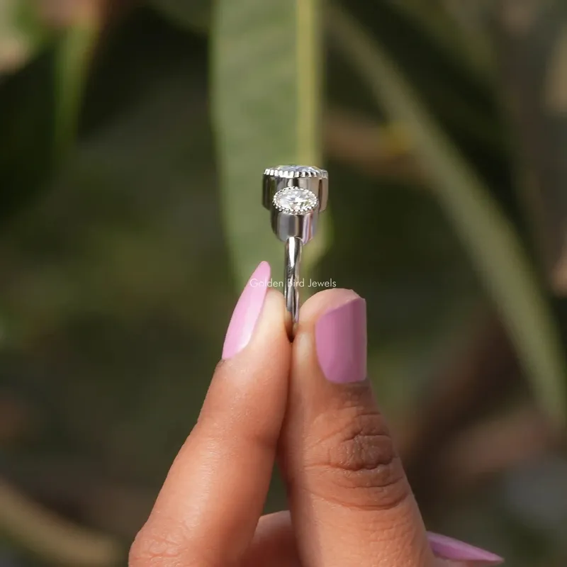 Milgrain Bezel Set Three Stone Round Moissanite Ring vy 3