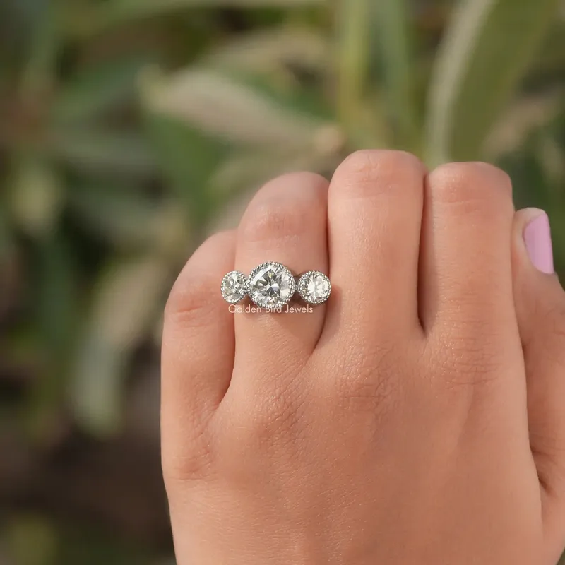 Milgrain Bezel Set Three Stone Round Moissanite Ring vy 5