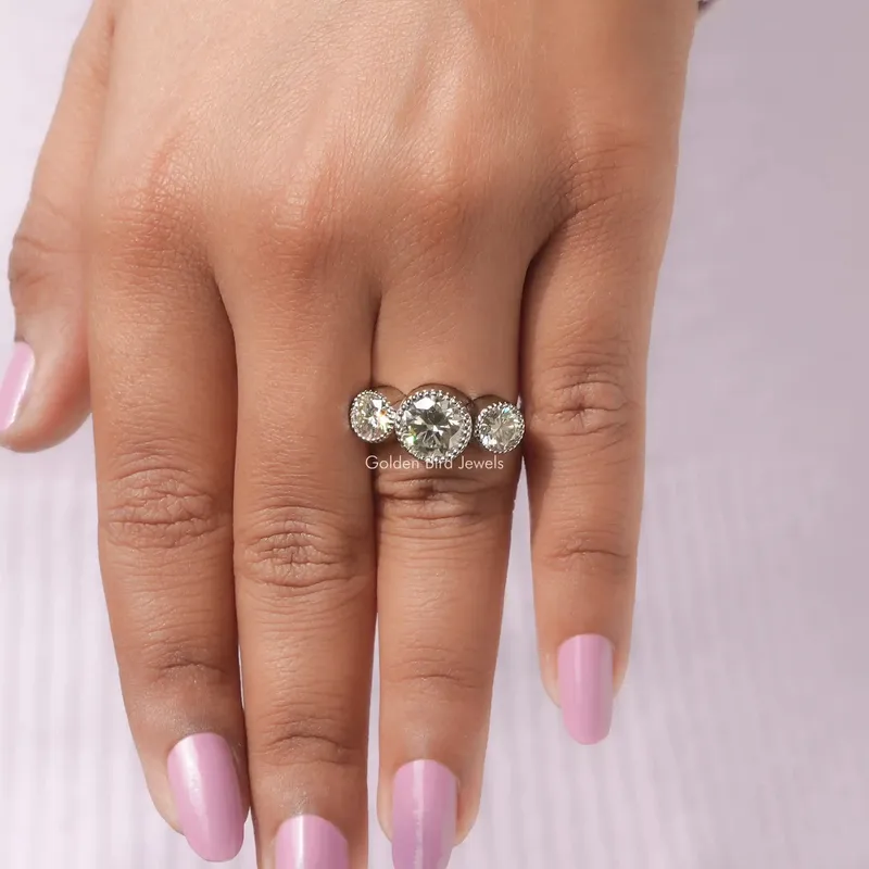 Milgrain Bezel Set Three Stone Round Moissanite Ring vy 8