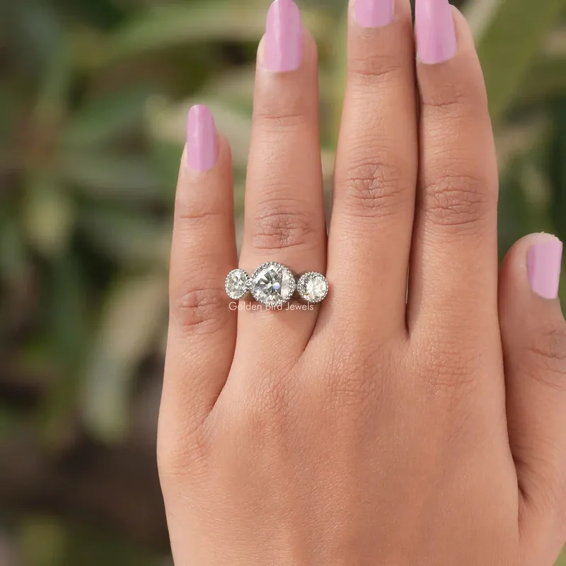Milgrain Bezel Set Three Stone Round Moissanite Ring vy 4