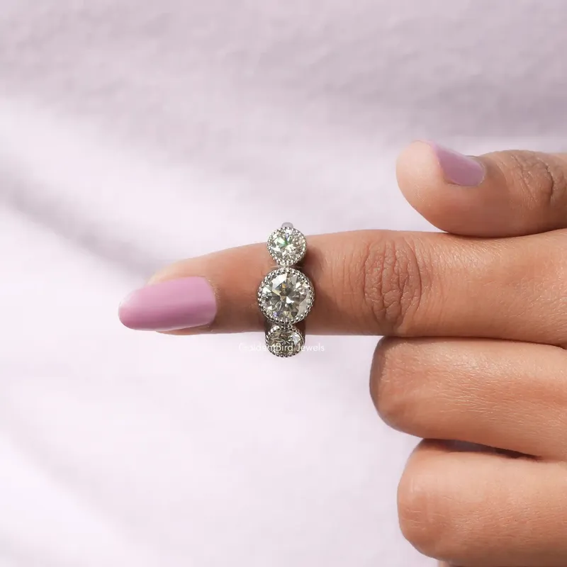 Milgrain Bezel Set Three Stone Round Moissanite Ring vy 6