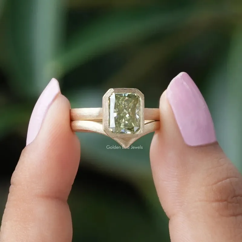 Mint Green Radiant Cut Bezel Set Solitaire Bridal Ring Set mint engagement ring