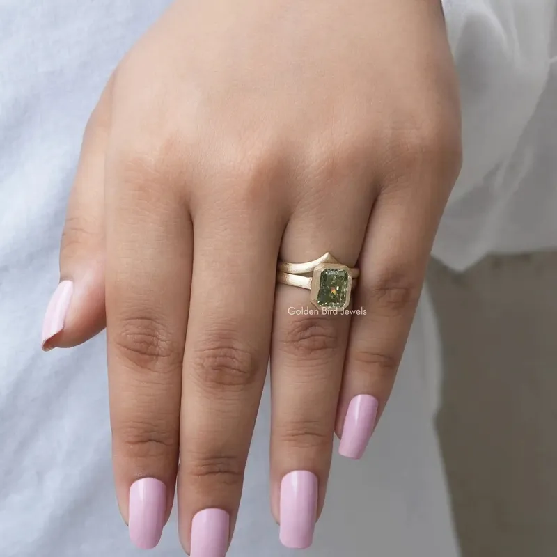 Mint Green Radiant Cut Bezel Set Solitaire Bridal Ring Set vy 5