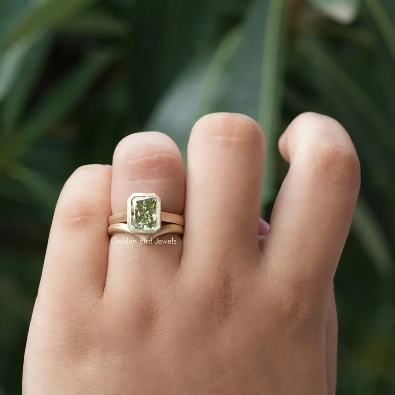 Mint Green Radiant Cut Bezel Set Solitaire Bridal Ring Set vy 4