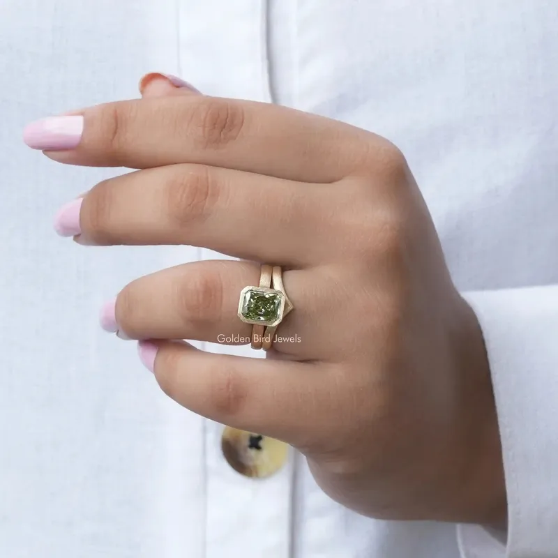 Mint Green Radiant Cut Bezel Set Solitaire Bridal Ring Set vy 7