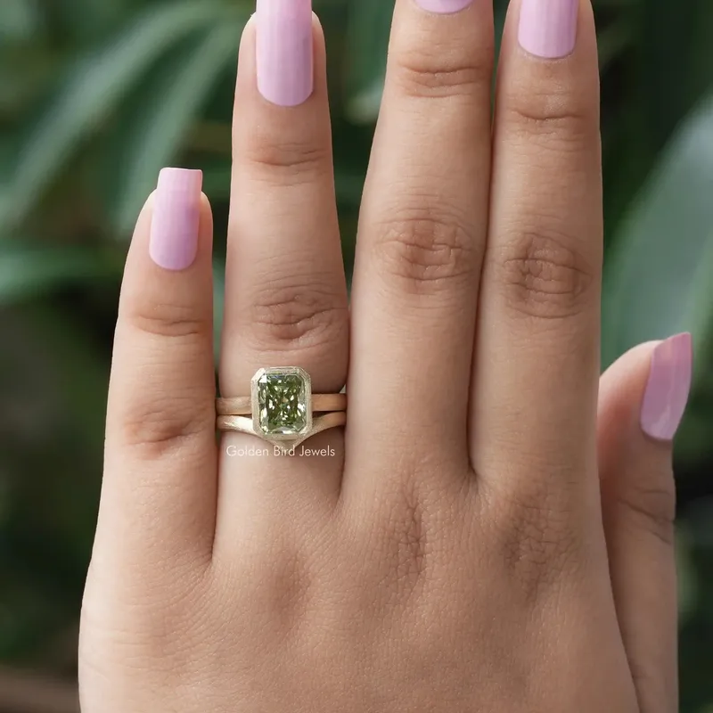 Mint Green Radiant Cut Bezel Set Solitaire Bridal Ring Set vy 3