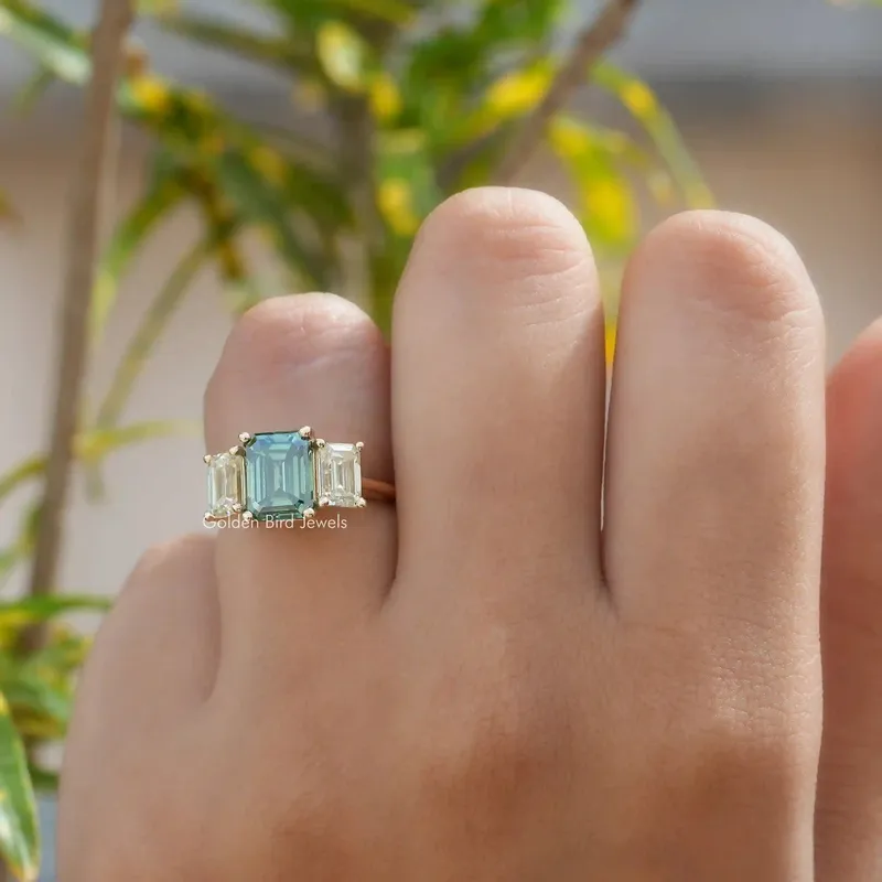 Moissanite Emerald Cut 3 Stone Ring For Her vy 5