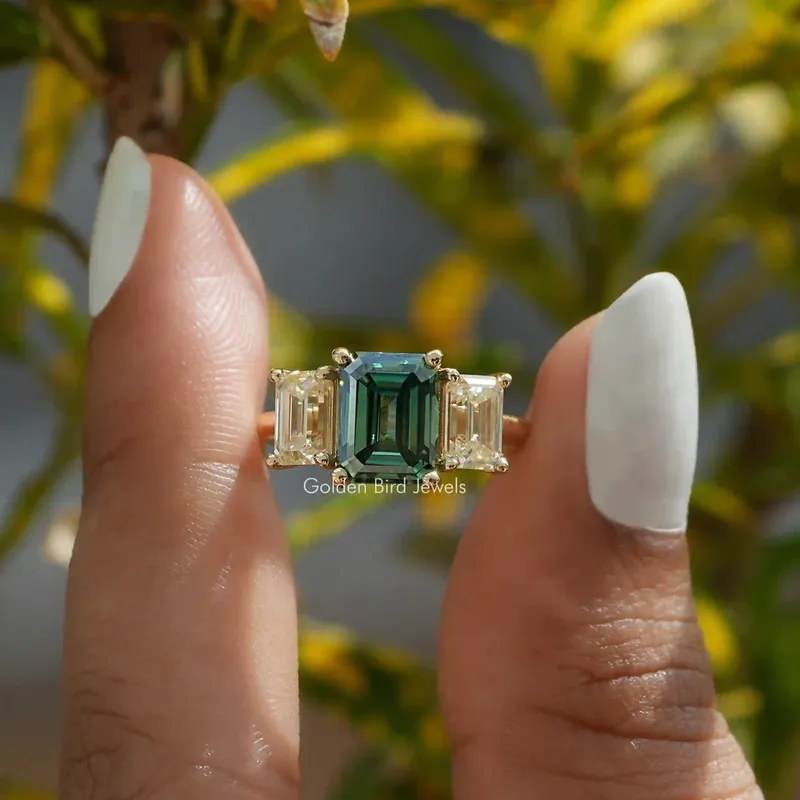 Moissanite Emerald Cut 3 Stone Ring For Her green emerald emerald cut engagement ring