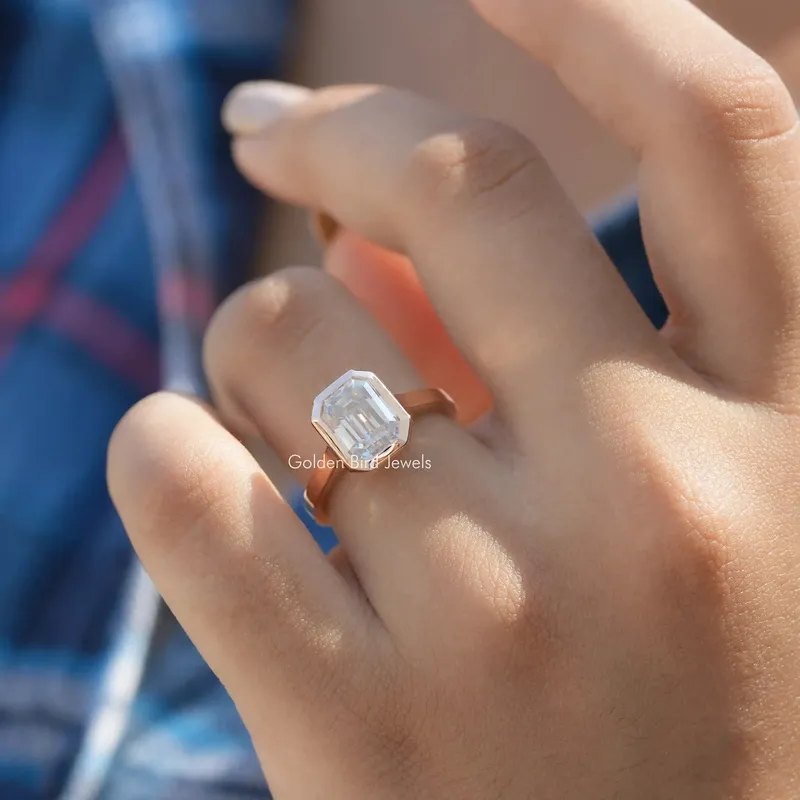 Moissanite Emerald Cut Fancy Bezel Set Ring vy 3