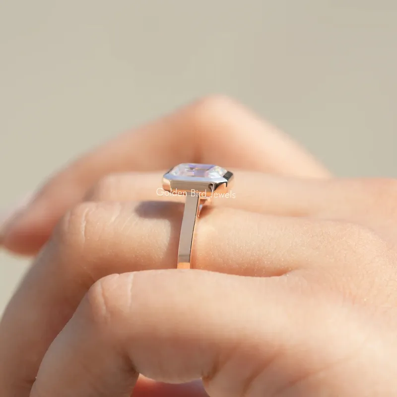 Moissanite Emerald Cut Fancy Bezel Set Ring vy 8