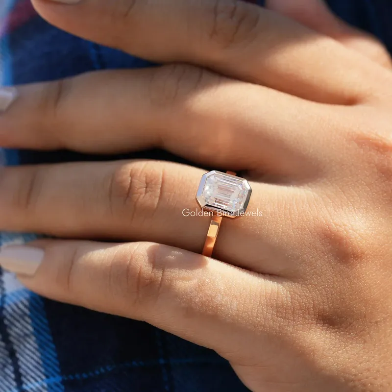 Moissanite Emerald Cut Fancy Bezel Set Ring vy 5