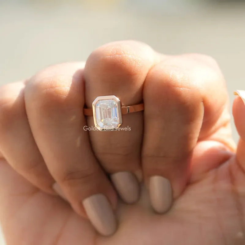 Moissanite Emerald Cut Fancy Bezel Set Ring vy 4
