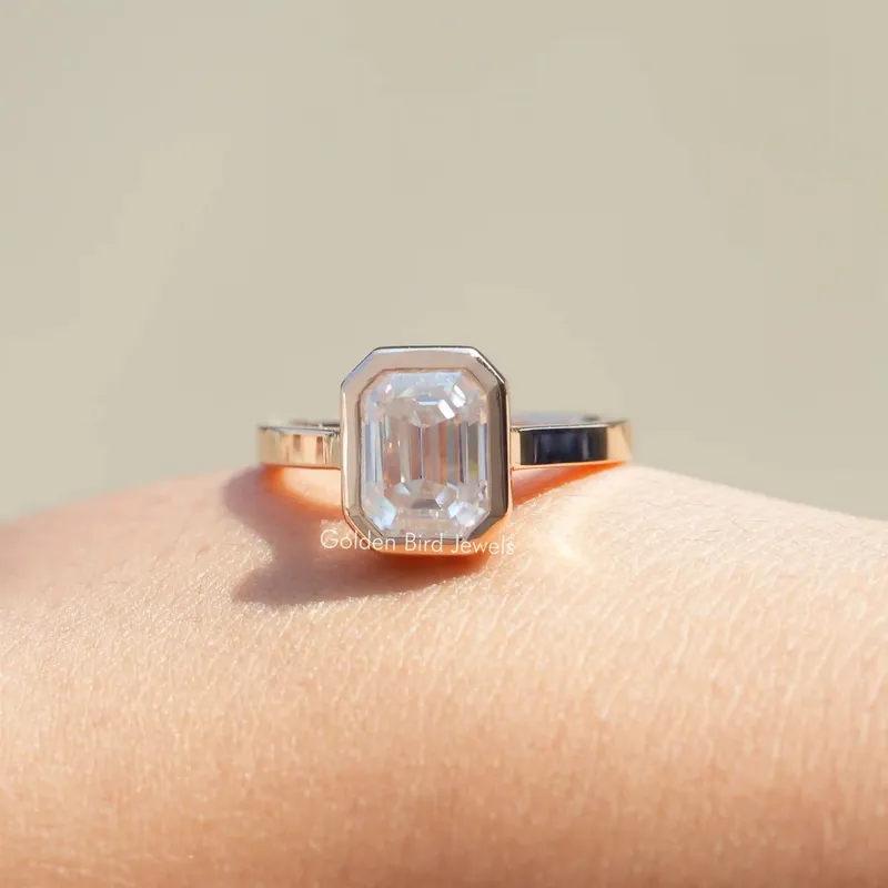 Moissanite Emerald Cut Fancy Bezel Set Ring engagement ring