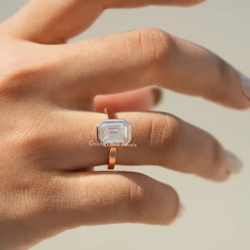 Moissanite Emerald Cut Fancy Bezel Set Ring vy 2