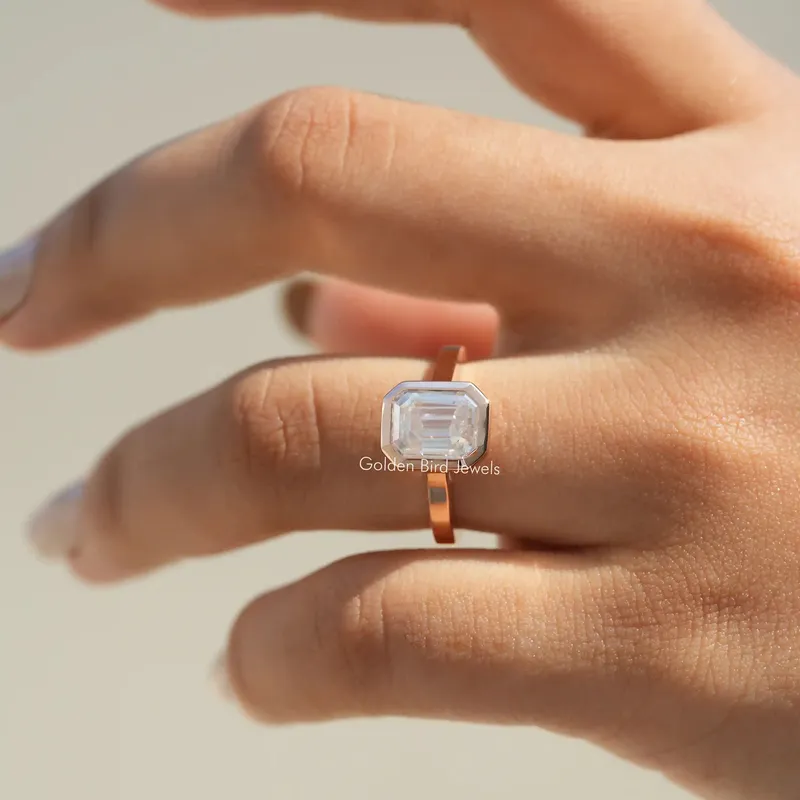Moissanite Emerald Cut Fancy Bezel Set Ring vy 7
