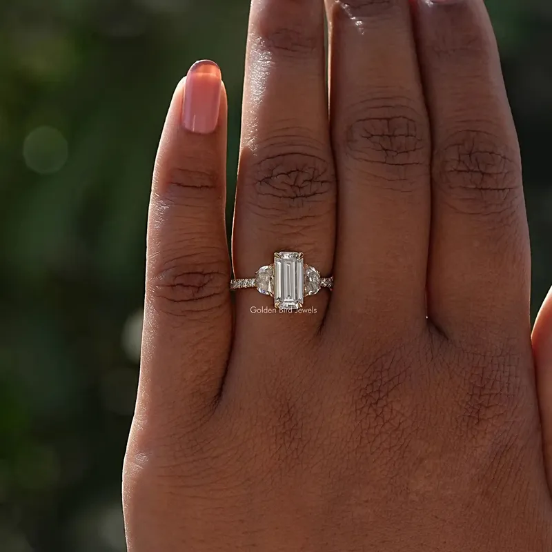 Moissanite Long Emerald Three Stone Engagement Ring vy 4