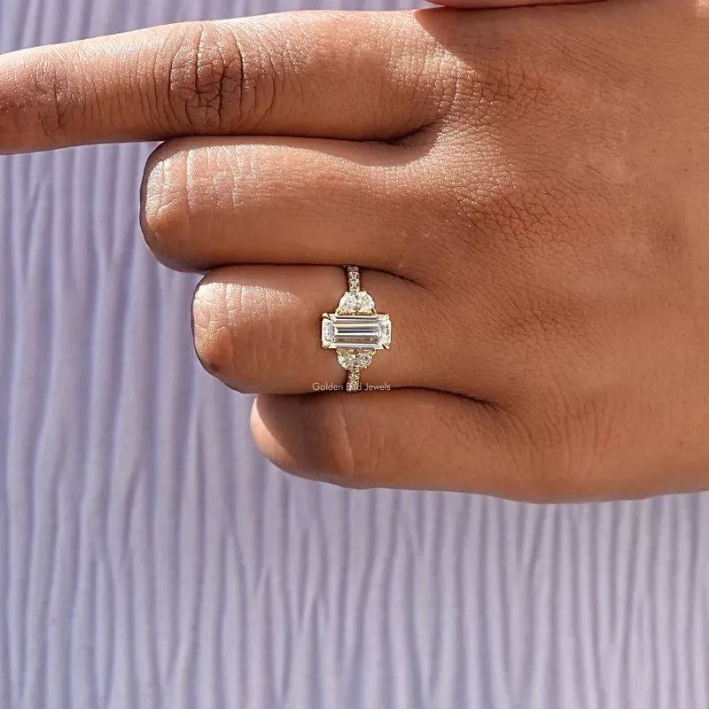 Moissanite Long Emerald Three Stone Engagement Ring vy 7