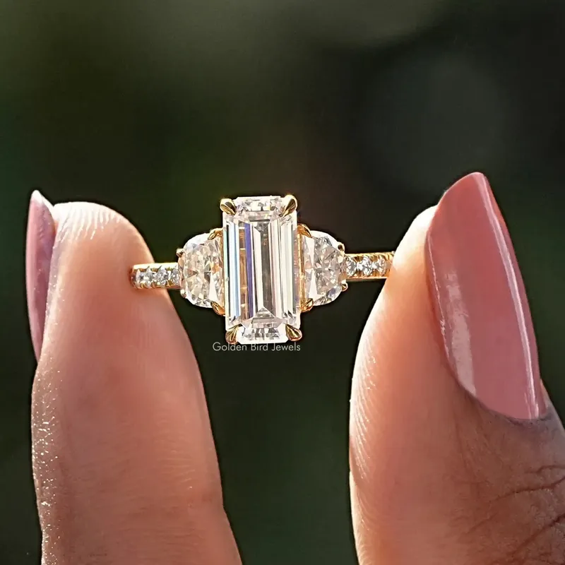 Moissanite Long Emerald Three Stone Engagement Ring emerald emerald cut engagement ring