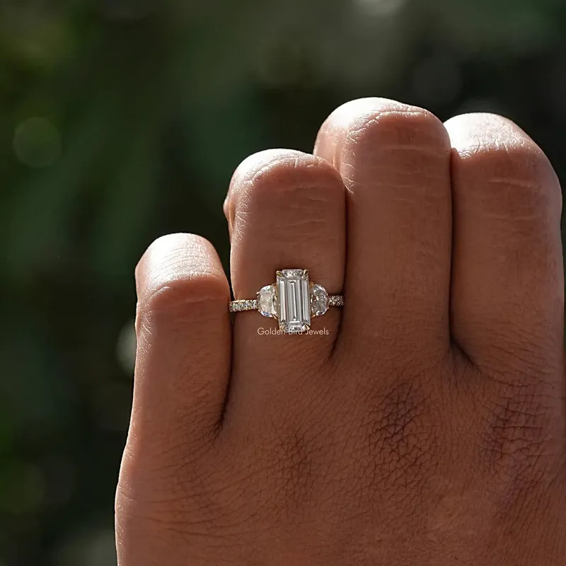 Moissanite Long Emerald Three Stone Engagement Ring vy 5