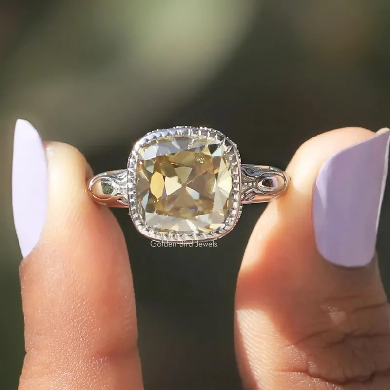 Moissanite Milgrain Cushion Cut Engagement Ring yellow engagement ring