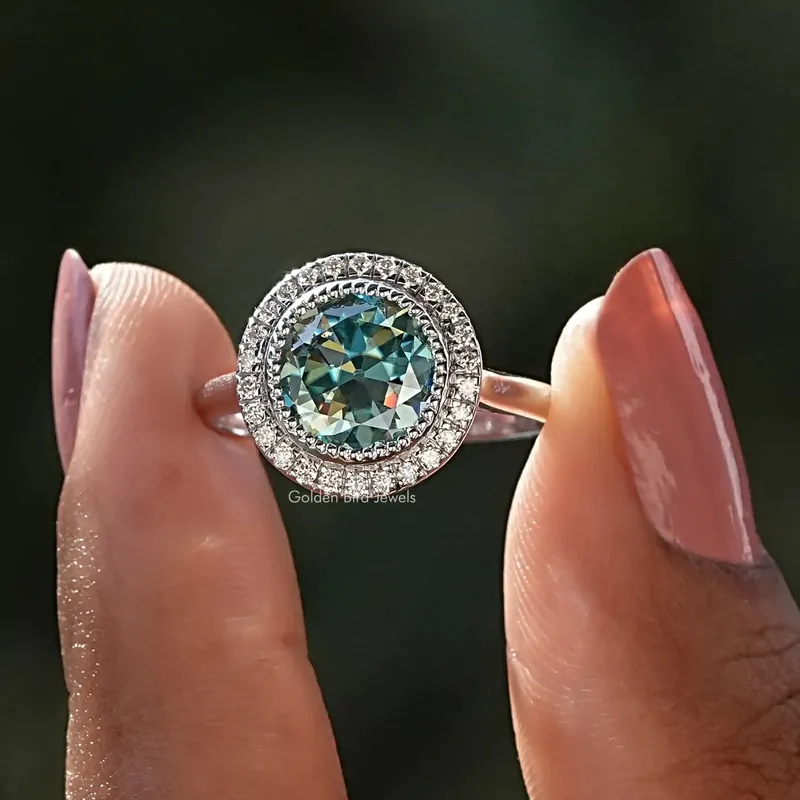 Moissanite Old European Round Cut Bezel Set Halo Bridal Ring blue engagement ring