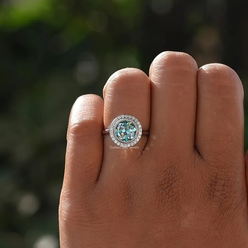 Moissanite Old European Round Cut Bezel Set Halo Bridal Ring view 5