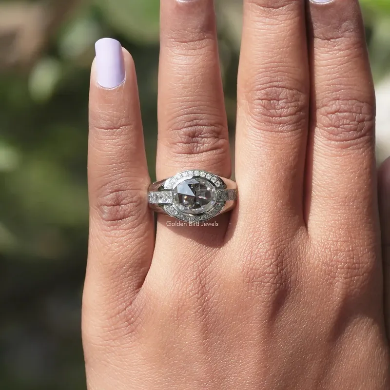 Moissanite Rose Cut Oval Halo Engagement Ring view 4