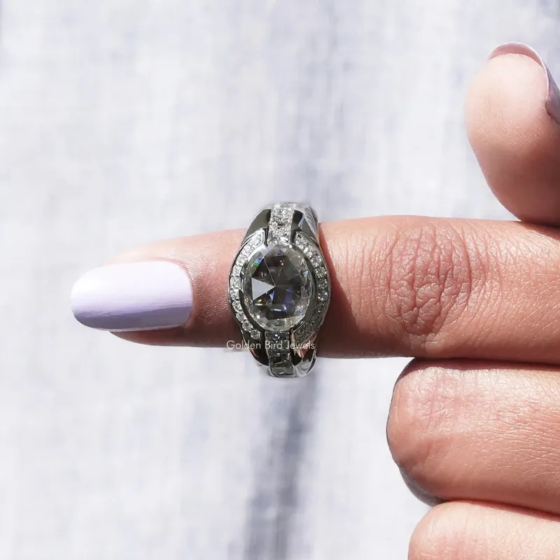 Moissanite Rose Cut Oval Halo Engagement Ring view 6