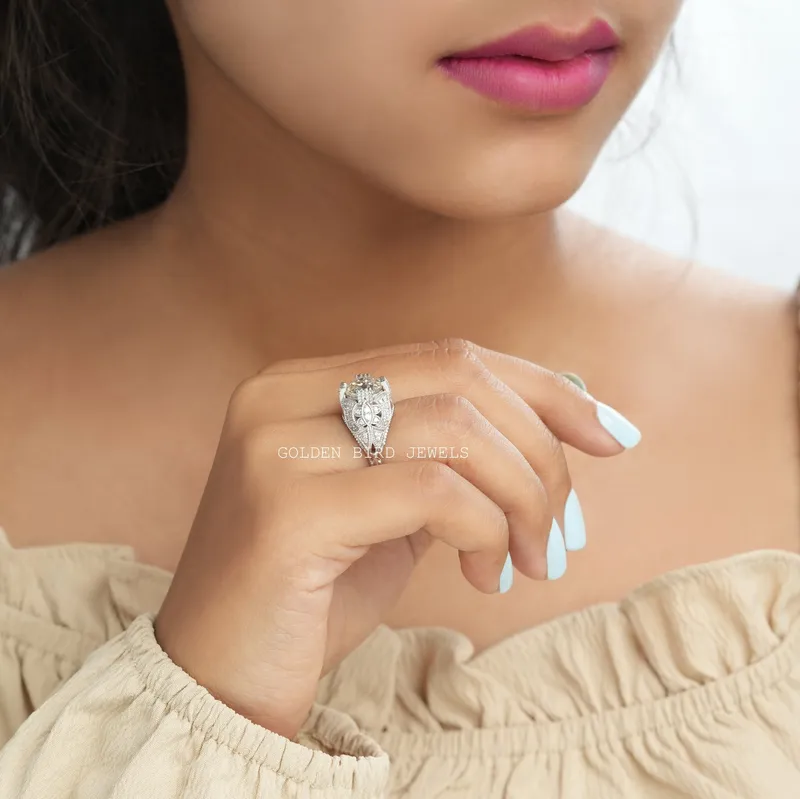 OEC Round Cut Moissanite Art Deco Ring vy 5