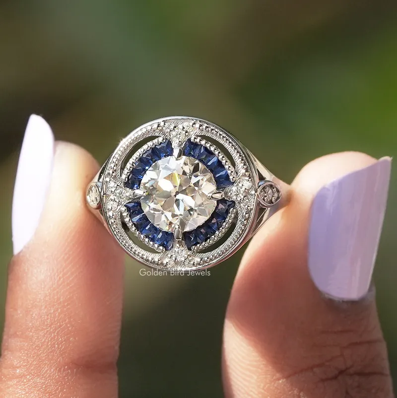 Old European Round Cut And Tapper Baguette Halo Ring blue engagement ring