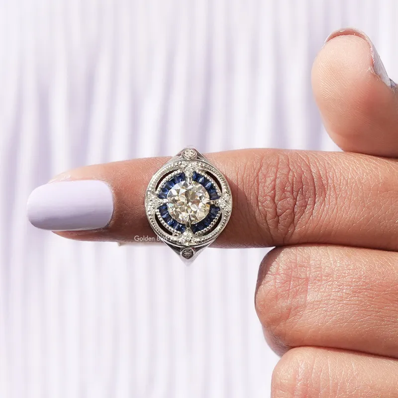 Old European Round Cut And Tapper Baguette Halo Ring vy 6
