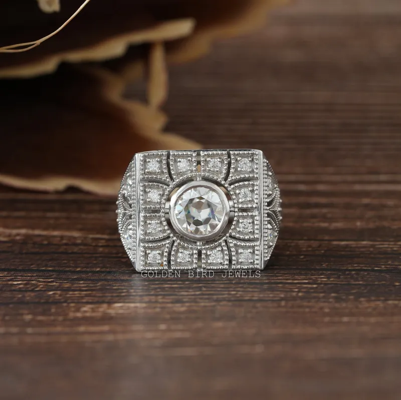 Old European Round Cut Art Deco Square Top Moissanite Ring round cut engagement ring