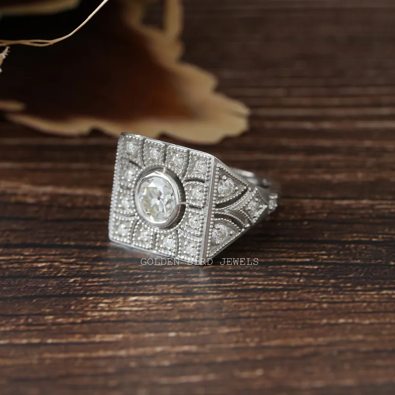 Old European Round Cut Art Deco Square Top Moissanite Ring vy 5