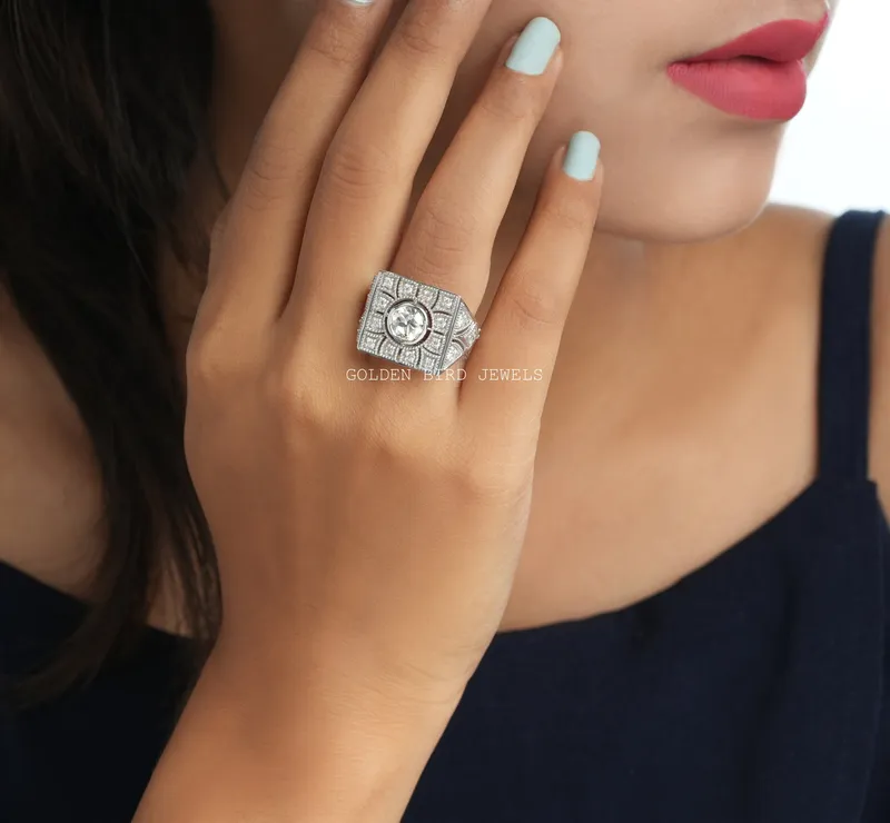 Old European Round Cut Art Deco Square Top Moissanite Ring vy 2